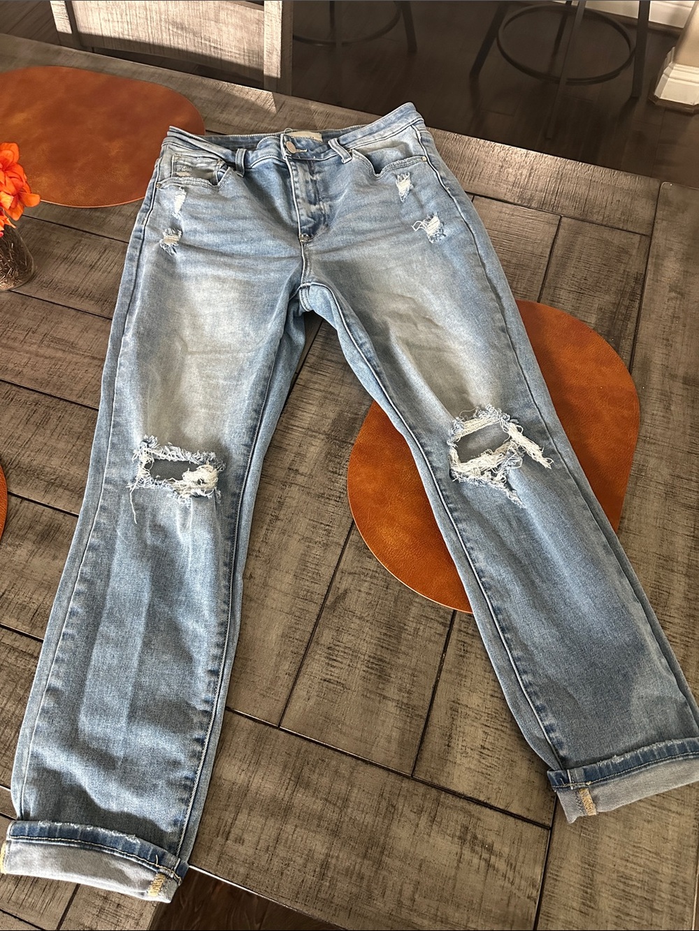 Light Blue Distressed Women’s Risen Jeans